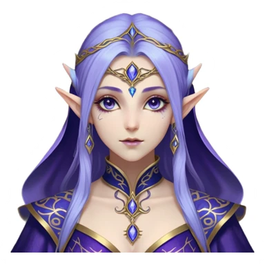 Cinematic Realistic WoW Elf Mage Portrait, depicted with ethereal, otherworldly beauty and refined arcane mastery. Clad in an intricately detailed robe in consistent deep blues and purples accented with shimmering gold filigree, her luminous, porcelain-like skin and delicate features evoke timeless elegance. Her piercing, mystical eyes radiate ancient wisdom, rendered with lifelike texture and subtle, magical lighting, high shine, noble and majestic, capturing the essence of a legendary elven sorceress. sticker