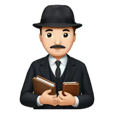 A cinematic-style frame showing Hercule Poirot in his iconic suit with a notebook in a dramatic detective pose. Background should be mysterious city, map, a board with photos of suspects, clues like fingerprints. Transparent background. sticker