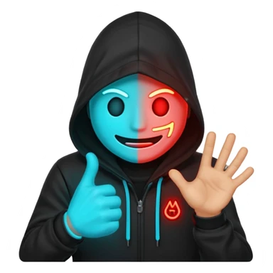 Black-hooded neon hacker emoji, red and cyan glow only, slamming glowing text “FTHESCAMMERS” with impact flash, aggressive anti-scam vibe, smooth 2-second loop, transparent background, Discord sticker style, no new colors. sticker