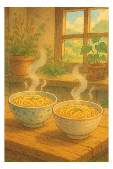 text: 2 w noodles in ghibli style sticker