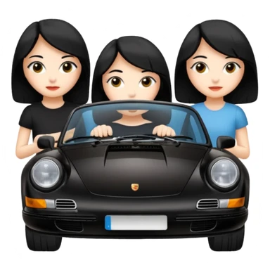 Draw three girls in a Porsche 911 black car and girls with black hair.  sticker