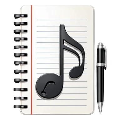 Minimalistic flat vector icon, iOS style, thin black contour on white background. Small notebook with a musical note on the cover, a pen placed next to it. Clean, modern, no text, no shadows. sticker