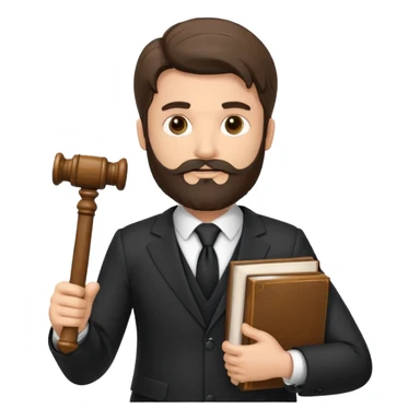 Create a male lawyer. he is wearing a fromal suit jckeret. He is holding a gavel in one hand and a book tucked under his another arm. He has beard. And the hair is kinda darker but not black. and is kinda short at the layers sticker