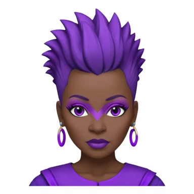 57yr old Qeen black woman with a natural hair mohawk style haircut adorning purple royalty clothing and purle lipstick and eyeshadow purple sticker