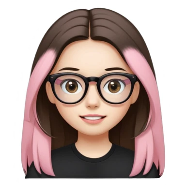 The girl with dark straight long hair, divided in the middle hairstyle, white skin, black eyes, wearing black shirt and tortoise framed glasses. The mounth is light old pink, with light smile with no teeth. sticker