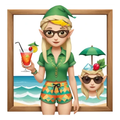 elf female legolas portrait, patterned board shorts (geometric/abstract), unique wooden-framed sunglasses, undercut hairstyle, slight smirk, visible pointy ears, no background, centered emoji, hipster summer vibe coctails with summer hat sticker