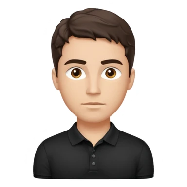 He’s a man with light to medium skin, a defined oval face, full brows, deep-set eyes, and wavy short dark brown tall hair styled with height, sides are trimmed. muscular. expression calm and focused relaxed black polo shirt. polished, articulate, and coach vibe. sticker