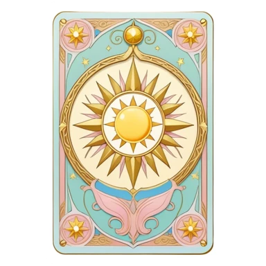 magical tarot-like card inspired by the Clow Cards from Cardcaptor Sakura. The card has ornate golden borders, a sun or moon symbol at the top, and a mysterious illustration in the center. The background is a soft, enchanted pastel tone. sticker