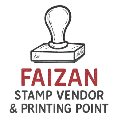 logo for 'Faizan Stamp Vendor & Printing Point', classic rubber stamp illustration, red and black colors, traditional and trustworthy look, clear business name sticker