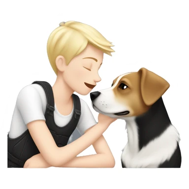 Tom boy with short blonde hair kissing a black and white épagneul breton dog  sticker