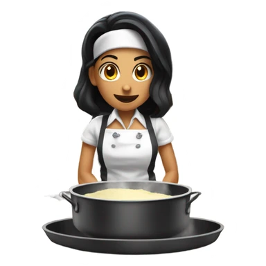 White woman with straight black hair cooking a soufflé while teaching a graduate class sticker