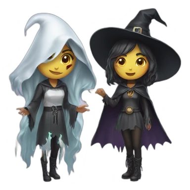 two girls with witch costume and chained ghost spirit costume sticker