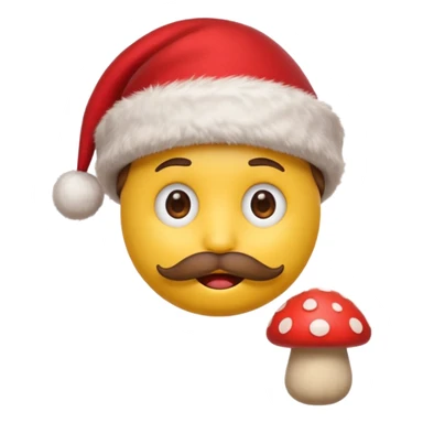 yellow emoji face with brown mustache and red Christmas hat, holding tiny red mushroom, 3D emoji style, 1:1
 sticker