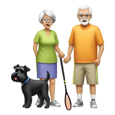 A grandma and a grandpa playing pickleball with a black and white schnauzer dog sticker