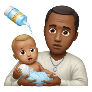 Sean “Diddy” Combs with baby oil and a very small infant and he’s pouring the baby oil on the baby and they have a scared face they’re really scared sticker