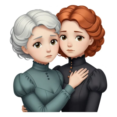 Two Victorian women in a sad intimate hug, one with white coiffed hair and one with copper coiffed hair, both with grey eyes, wearing Victorian turtleneck dresses sticker