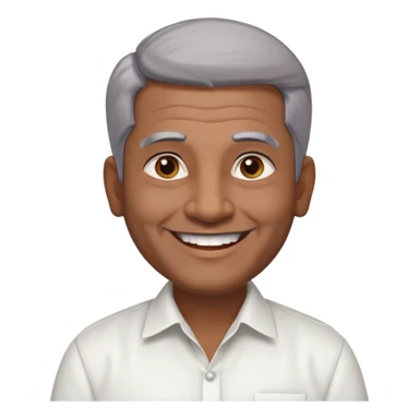50 yr old indian man, dark skin, grey hair, big smile, white teeth, chubby, no moustache, clean shaven, young style hair, hair brushed back, 5 oclock shadow, bindy on forehead, dress shirt sticker