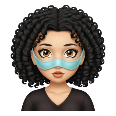 a pretty tan bratz girl with black curly hair. no makeup, looking sick, wearing a mask sticker