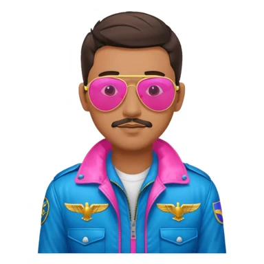 1980s cool man with stubble wearing reflective neon pink and blue aviator sunglasses and a pilot topgun jacket sticker