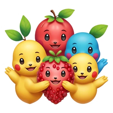 Three Pokémon characters showing kindness and teamwork. One Pokémon is handing a berry to another, while the third Pokémon is cheering and clapping happily. They look joyful and friendly, standing close together in a bright, colorful cartoon scene. The style is cute, playful, and emoji-like. sticker