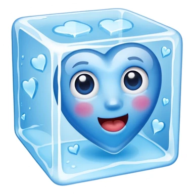 Ice cube with a flat mouthblue heart made of ice, inside an ice cube sticker