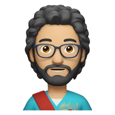 a kazakh man with visible hair in a red bandana, red blue light blocking glasses, a minor beard and a visible sword carried on his back sticker