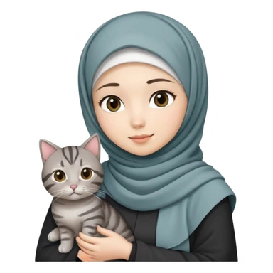 Asian White girl wearing hijab holding a black grey tabby cat while standing .  sticker