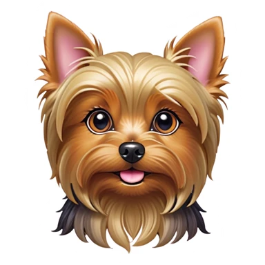 Cinematic Cute Yorkshire Terrier Portrait Emoji, Head perked with bright, twinkling eyes and a perky expression, showcasing a soft, silky fur in rich hues, simplified yet adorably detailed, glowing with a cheerful, inviting glow, high shine, exuding playful intelligence and spunky charm, styled with a gentle, whimsical outline, capturing the essence of a cute Yorkshire Terrier that appears ready to frolic off the screen with irresistible energy! sticker