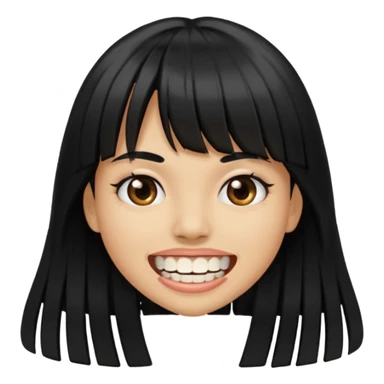 Woman a little tan with long black hairs and bangs, appearing teeth sticker