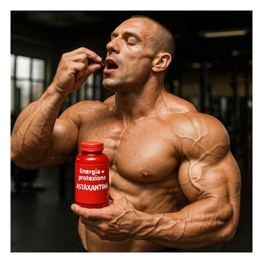 hyper realistic bodybuilder taking astaxanthin before workout, well visible muscles, red bottle, text 'Energia e protezione', gym environment, realistic details sticker