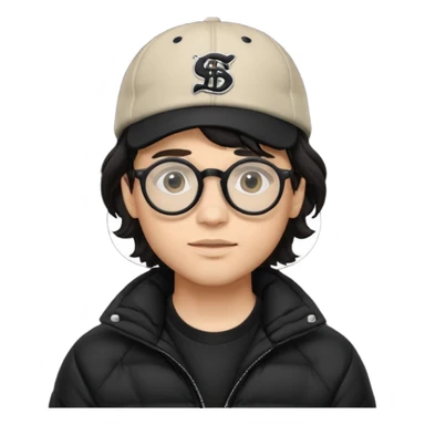 Young man wearing a black puffer jacket, black baseball cap with a small logo, round black glasses, wavy hair peeking out from under the  sticker