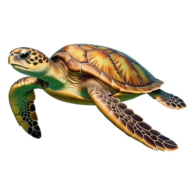 cinematic-sea-turtle-realistic-full-body-swimming-emoji,-graceful-streamlined-body-gliding-through-crystal-clear-waters,-large-flippers-moving-in-fluid-motion,-smooth-green-and-brown-patterned-shell-glowing-in-the-sunlight,-gentle-dark-eyes-filled-with-deep-wisdom,-bubbles-trailing-in-its-wake,-simplified-yet-realistic-focused-features,-highly-detailed,-glowing-with-an-oceanic-serene-light sticker