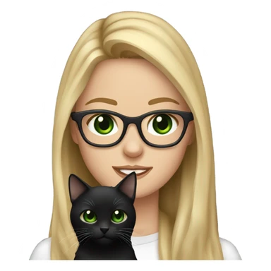 pretty white girl with dark green eyes, long dirty blonde hair, with square frame glasses. holding a black cat sticker