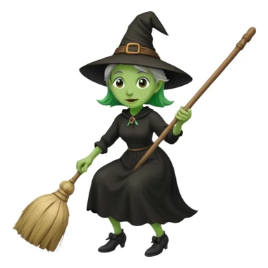 Old witch with green skin and a big nose waering a black dress and riding a broom sticker