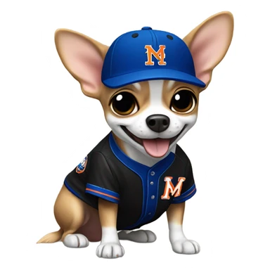 Chihuahua with a huge smile with a Black Mets uniform  sticker