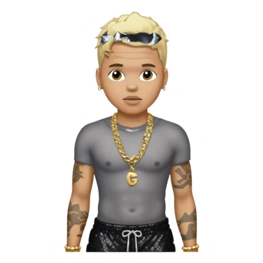 Chris Brown with blonde hair, black sequin baggy pants, shirtless with necklace sticker