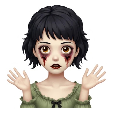 Cabelo ondulado  um pouco cheio e franja curta  Olhos marrons e pequenos e feita d ezumbi mais bonita com cabelo amarro na e com as mãos assim tipo assim🧟‍♀️ sticker