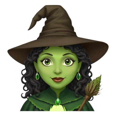 elphaba the wicked witch from wicked movie (cynthia erivo) dark long curly hair, thick lips, wide nose, green skins, witch hat, witch broom, evil, wicked musical film, evil smirk sticker