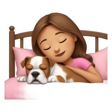 Sleeping girl in pink bed with brown hair and bulldog sticker