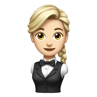 a caucasian female butler with a professional and elegant demeanor. She has her hair neatly tied in a ponytail and wears a classic butler uniform, including a tailored vest, crisp white shirt, and bow tie. sticker