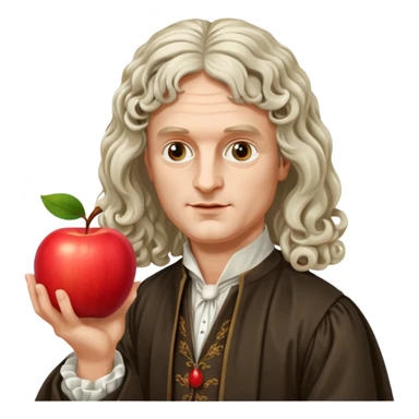 Isaac Newton wearing 17th-century aristocratic attire with long curled periwig, hold an apple sticker