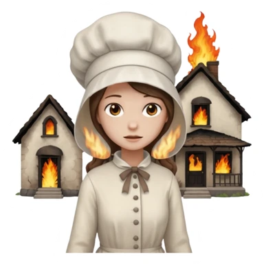 handmaids tale style woman burning house down walking away from house. shes wearing the nun hands maid tale hat cant see her face with brown hair  sticker
