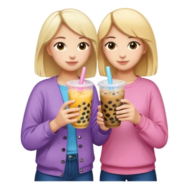 two friends, one blonde and one brunette, standing with their backs, hugging each other with one hand and holding bubble tea with the other, emoji style, with colorful bubble tea cups sticker