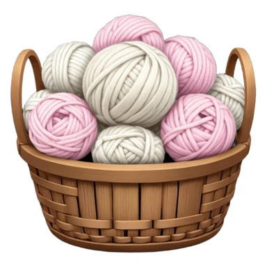detailed, hyperrealism, still life beautiful ball of chunky white to light pink color wool, placed in a dark wooden basket, with other types of wool, to knit a blanket. Transparent background  sticker