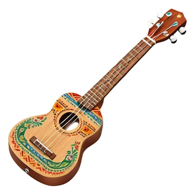 Create a vibrant and artistic emoji representing a ukulele with a Mexican design. The ukulele should feature a bright, colorful body with traditional Mexican patterns, such as geometric shapes, floral motifs, or colorful stripes. Use rich, warm tones like red, yellow, green, and blue to give the instrument a lively, festive look. Highlight the wood grain of the ukulele’s neck and fingerboard, and add subtle details like decorative inlays or a small Mexican flag symbol on the body. The strings should be clearly visible, and the instrument should be in a slightly angled position to showcase its unique design. The background should be transparent. sticker