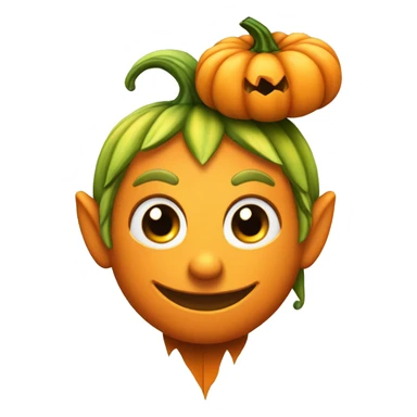 Elf with a pumpkin head, carved smile face on the pumpkin, leaves in hair, Halloween theme, emoji sticker