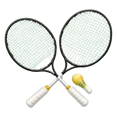 Two crossed badminton rackets with a shuttlecock resting in between, set against the faint outline of a badminton court. The image highlights the tools of the sport, with a subtle emphasis on the court's net and boundaries, symbolizing competition and skill. sticker