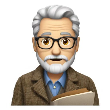 "A middle-aged man with graying hair, a beard, and round glasses. He has a serious, regretful expression, wears a tweed jacket, and holds a book or chalk." sticker