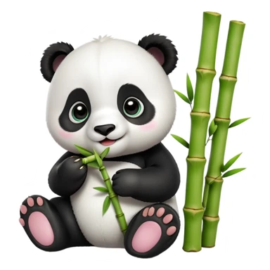 A 3D baby panda sitting and happily eating bamboo, big shiny eyes, cute and cartoonish style, soft lighting, high quality sticker
