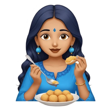 a pretty tan indian bratz girl. eyeliner on, wearing a blue kurti, eating golgappa. NO SPOON. wavy long black hair sticker